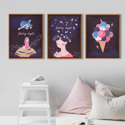 如果家居 卡通星夜三联画墙壁装饰挂画 房间卧室创意动漫装饰画图3